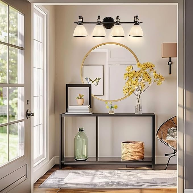 ANDY STAR Modern Bathroom Light Fixtures, 4-Light Vanity Lights, 28 inch Farmhouse Wall Sconces, Black Wall Lamp with Milky Glass, Well-Made Bathroom Lighting Fixtures Over Mirror for Living Room