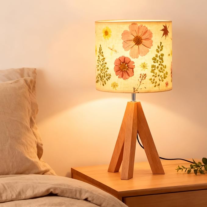 Dried Flowers Tripod Table Lamp 14.56in, 9W LED Dimmable Cute Bedside Lamp with Flowers Linen Lampshade for Nursery, Bedroom, Kid Room, Living Room, Light Brown Wooden Base