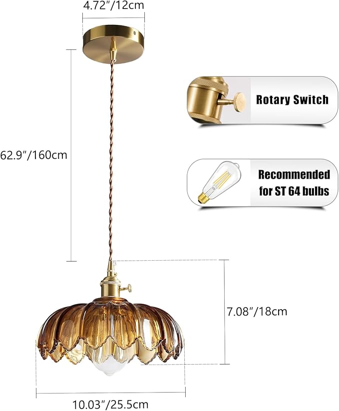 Pendant Lights Kitchen Island: Amber Glass Hanging Light Fixture with Rotating Switch, E26 Base - Modern Lighting for Dining Room, Bedroom & Living Room