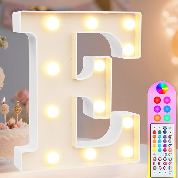 Pooqla Colorful Light Up Letters with Remote, Upgraded 35 Colors LED Marquee Letters, RGB Lighted Letter for Girls Teenager Gift Birthday Party Valentines Day Decorations Gift for Him Her, Letter E
