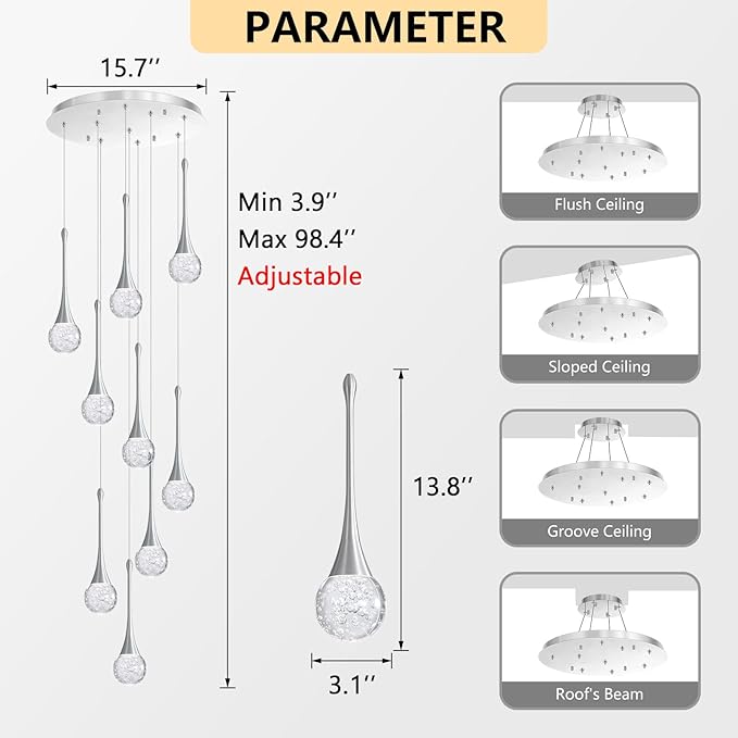 9 Light Modern Glam Crystal Chandelier for High Ceiling LED Dimmable Ceiling Pendant Light Staircase Foyer Enterway Living Room Chandelier Lighting Antique Silver