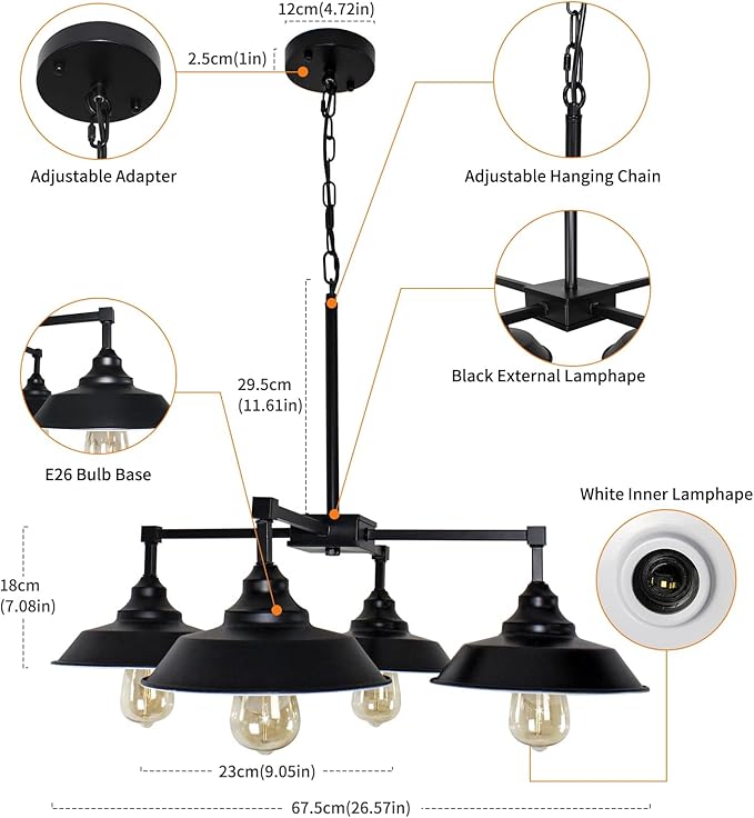 Kitchen Island Light Black Pendant Lighting Fixture 4 Lights, Modern Farmhouse Chandelier Industrial Metal Ceiling Hanging Lamp for Dining Room Hallway Pool Table