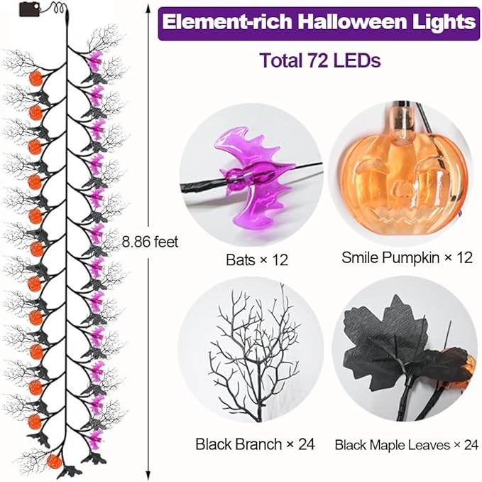Halloween Decor Lights 8.86FT 72 LED Willow Vine Twig with Timer Battery Operated Garland Lights with Orange Pumpkins Purple Bats and Black Dead Branches Indoor Halloween Decorations for Home