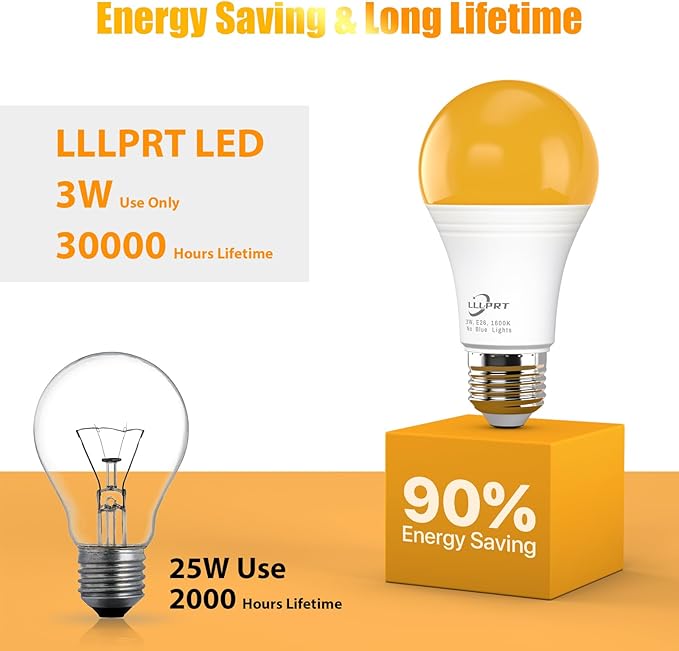 3W LED Amber Light Bulbs, Upgrade to Dimmable,2 Pack 1600K Warm White 180LM Night Lighting, Blue Light Blocking, Energy Saving, 30W Replacement, Sleep Aid E26 Base,for Bedroom,Baby Nursery Room