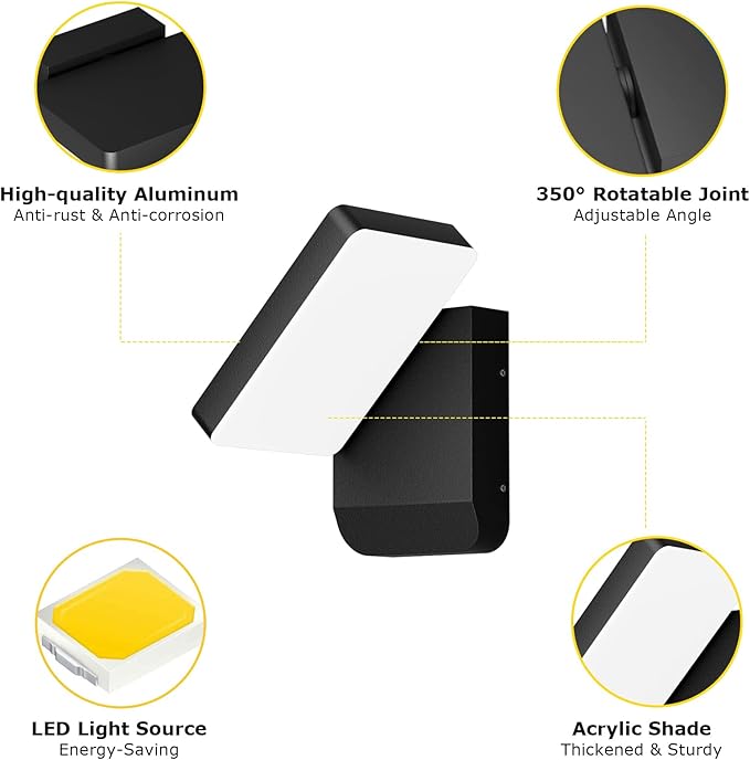 2-Pack Outdoor Rotatable Wall Lights 350° Adjustable Head Modern Porch Light LED Wall Sconce Black Exterior Wall Lights Modern Lights for House, 3000K
