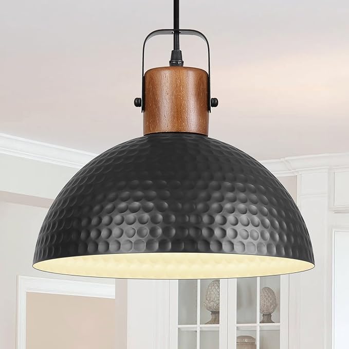 Black Pendant Light, 11.8" Hammered Metal Ceiling Hanging Light Fixture,Solid Wood Dome Pendant Lighting,Modern Industrial Chandelier for Kitchen Island, Dining Table, Restaurant, Farmhouse, Hallway