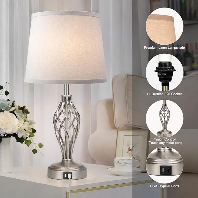 Touch Table Lamps Set of 2, nightstand lamp with USB Ports Bedside 3 Way Touch dimmer Desk lamp for Living Room Bedroom,Nickel Plated Spiral cage Base Design Warm White dimmer Bulbs Included