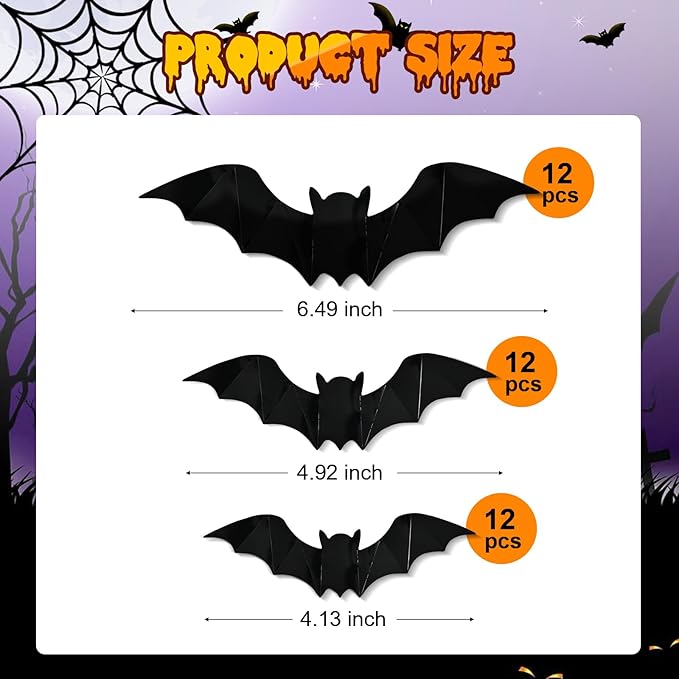 36 Pcs Halloween Bat Wall Decor with LED Lights, 3D Glowing Bat Stickers, Wall Decorations Indoor/Outdoor, LED Halloween Lights Stickers (36 Pcs Bat)