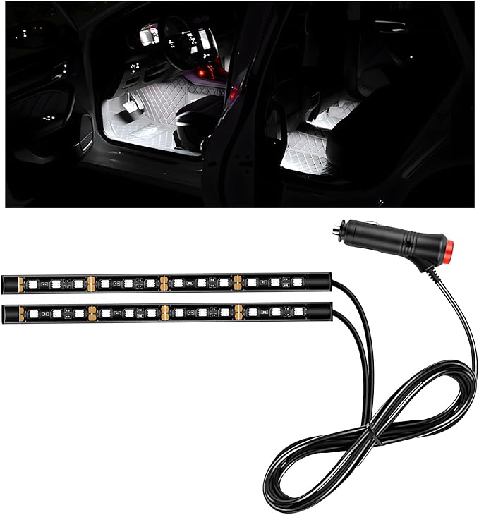 Car LED Strip Light, 12V 24 LEDs Auto Interior Atmosphere Lamp with Cigarette Adapter Plug, Vehicle Under Dash Ambient Neon Night Light Decorative Strip, Car Accessories (White)