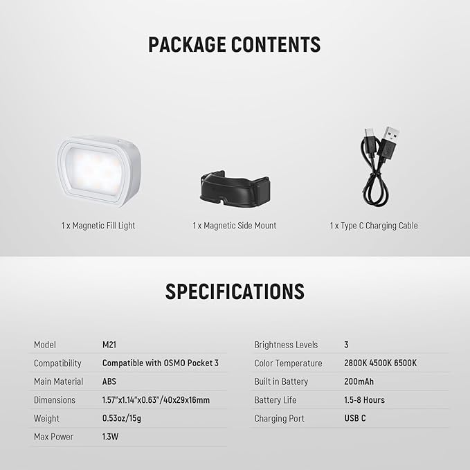 NEEWER Basics Magnetic Auxiliary Light Compatible with DJI OSMO Pocket 3 Gimbal Camera, 1.3W USB C Rechargeable Plastic Side Mounted LED Fill Light Attachment for Selfie Vlog Video Recording, M21 Gray