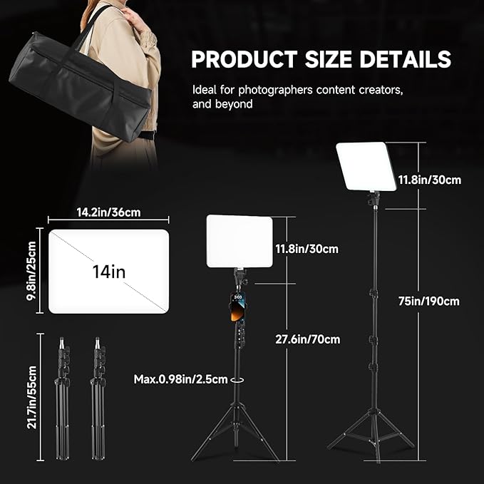 Studio Lights for Video Recording, 2-Pack 14 Inch LED Video Light Panel Kit with 70.8" Tripod Stand, Photography Lighting Kit with Phone Holder, 50W Stream Light for Video Recording and Photography