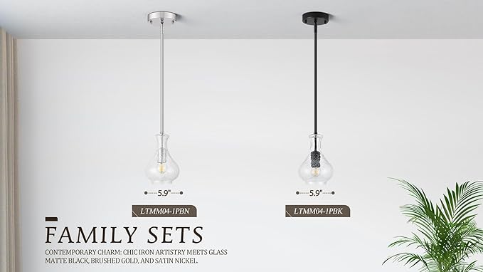 Black Pendant Lights Kitchen Island 2 Pack, 5.9" Unique Crackle Glass Pendant Light Fixtures with Adjustable Rods, Modern Single Hanging Lighting for Kitchen Island, Sink, Bathroom, E26 Base