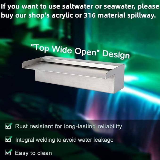 YUDA 12" Stainless Steel Waterfall Pool Fountain with SMD LED 7 Color Changing and Remote, Lighted Waterfall Spillway for Sheer Descent Garden Outdoor