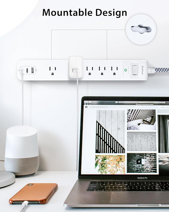 6Ft Power Strip Surge Protector, Flat Extension Cord - Outlet Extender with 2 USB C 5 Wildely AC Outlets, Flat Plug, Desktop Charging Station for College Dorm Room Essentials, White