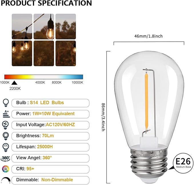 KGC 30 Pack Shatterproof & Waterproof S14 Replacement LED Light Bulbs –1W Equivalent to 10W, White Warm 2200K Outdoor String Lights Vintage Filament Bulb, E26 Base Edison LED Bulbs
