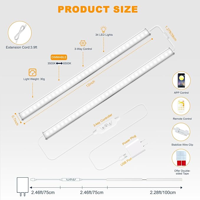 Daymeet Under Cabinet Lights, Bright Ultra Thin 12 Inch LED Cabinet Lighting Under Cabinet Light for Kitchen, 3 Color with Remote and APP Control, USB LED Lights for Closet, Home(2 Pack)