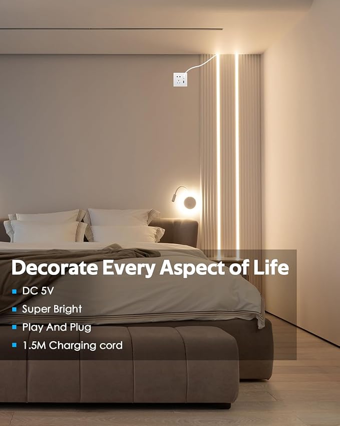 USB COB LED Strip Light Waterproof 5V 6.6FT 3000K Warm White COB LED Rope Light for Bedroom with Dimmer High Density 320LEDs/M Tunable Flexible LED Tape Light for TV Backlight Mirror Decor 2M