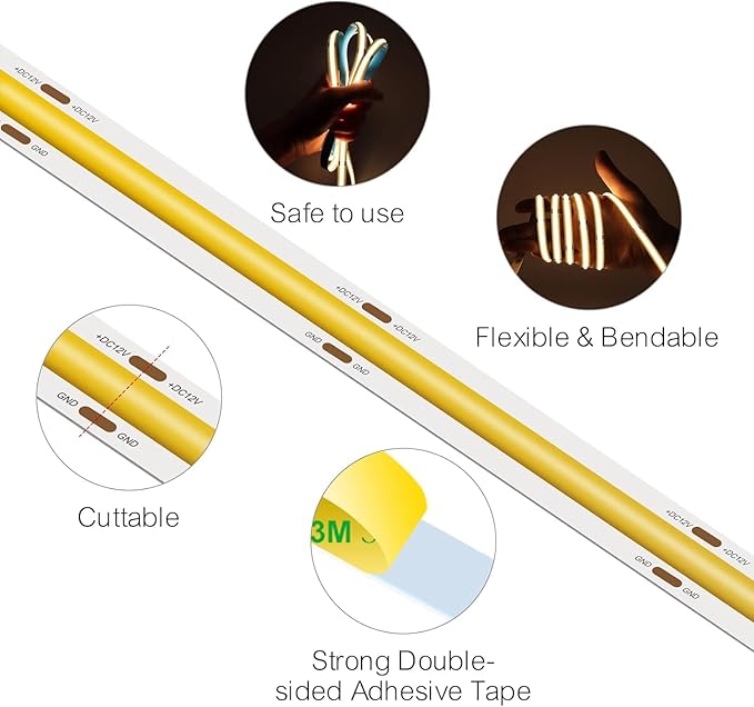 COB LED Strip Light, IP30 DC12V 6000K High Density Uniform Light 480LEDs/M Super Bright CRI>90 16.4ft Tape Dotless Cuttable Flexible for Cabinet Home Indoor DIY Lighting (No Power or Controller)