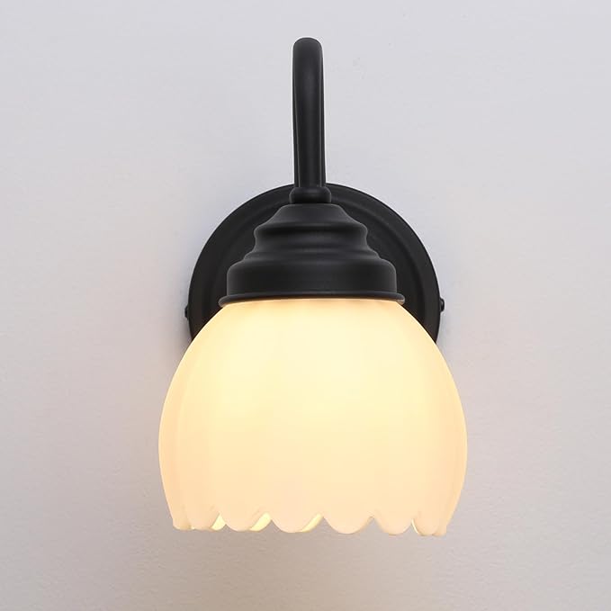 Pathson Milk White Wall Sconce Lamp with Tulip Thicken Glass, Modern Bathroom Sconce Hardwired Wall Vanity Light Indoor Decor for Mirror Living Room Foyer Loft Bedroom Farmhouse Lighting