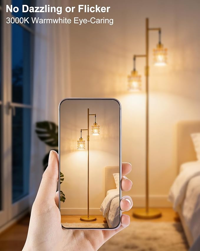 2-Light Gold Floor Lamp, 65IN Tall Standing Lamps Dimmable with Brown Glass Lampshade, 3000K Warmwhite Mid Century Modern Floor Lamp for Living Room/Bedroom