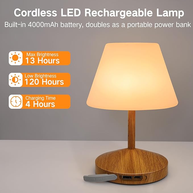 OUTON Rechargeable LED Shower & Table Lamp, Waterproof, USB Output, Stepless Dimming, 3 Colors, Power Indicator, Memory Function, Battery Operated Light for Home, Bathroom, Patio & Outdoor (Wood)