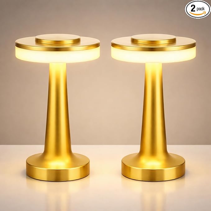 Riakrum 2 Pcs LED Portable Cordless Table Lamp with Touch Sensor 3 Color Stepless Dimming Rechargeable Battery up to 15 Hours Cordless Table Light Wireless Lamp for Nursery (Gold)