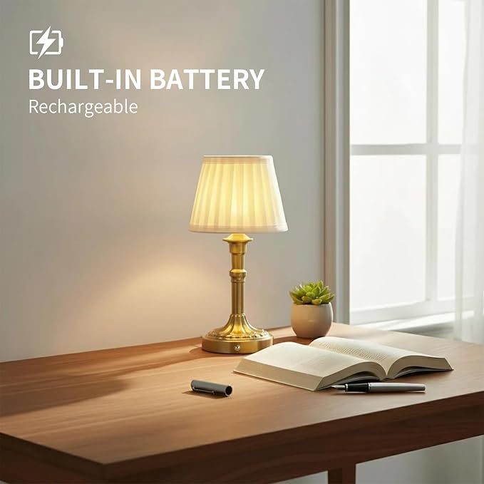 Portables Cordless Table Lamp Set of 2, Fabric Shade Des Lamps,5200mAh Battery Operated,3 Color Stepless Dimming Up,for Restaurant, Bedroom, Camping, Bar, Coffee Shop, (Bronze)