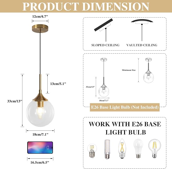 KCO Lighting Clear Globe Pendant Lights Kitchen Island Bubble Glass Pendant Lighting Gold Hanging Light Fixture Mid Century Modern Hanging Lamp for Living Room Dining Room
