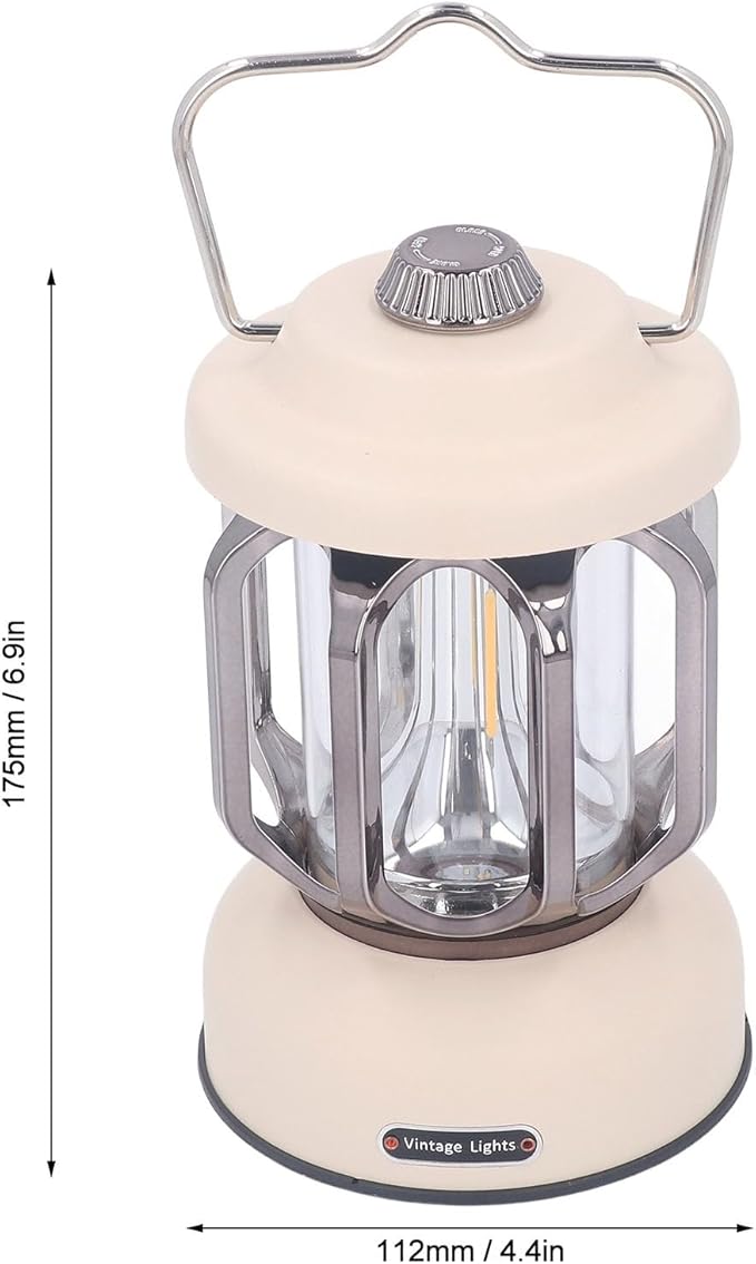 Retro Camping Lantern, Rechargeable LED Tent Lamp with 3 Light Modes, Dimmable Vintage Camping Light with Hook, USB Type C Portable Lantern for Garden Outdoor (Beige)