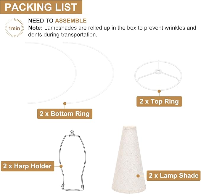 Empire Lamp Shades Set of 2, 6" Top x 16" Bottom x 10.8" High, Large Beige Lamp Shades for Table Lamps Floor Lamps, Natural Linen Lampshades Replacement, Spider, Harp Holders Included, Easy Assembly