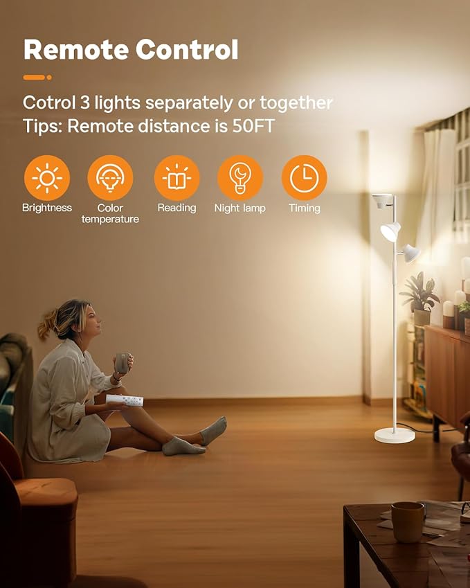 LED Floor Lamp, 36W Modern Floor Lamp with Remote & Touch Control, 4 Color Temperatures, Standing Lamp with 3 Rotatable Lights, Floor Lamps for Living Room, Bedroom, Office