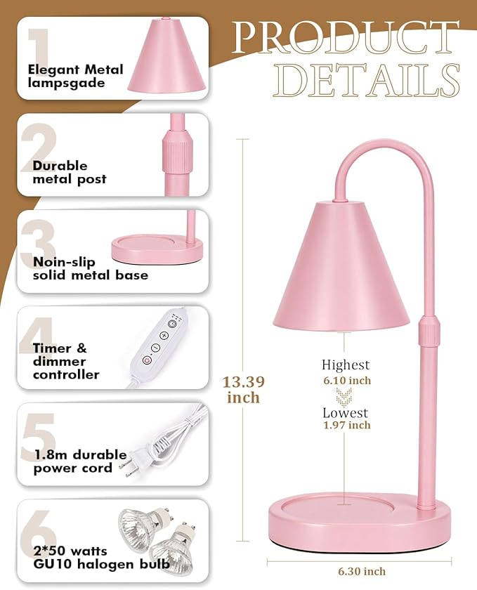 Modern Pink Candle Warmer Lamp with Timer, Dimmable Candle Lamp Warmer, Men Women for Birthday Gifts, Adjustable Candle Light, Anniversary Day Gifts Candle Warmer, Cozy Living Room Bedroom Home Decor