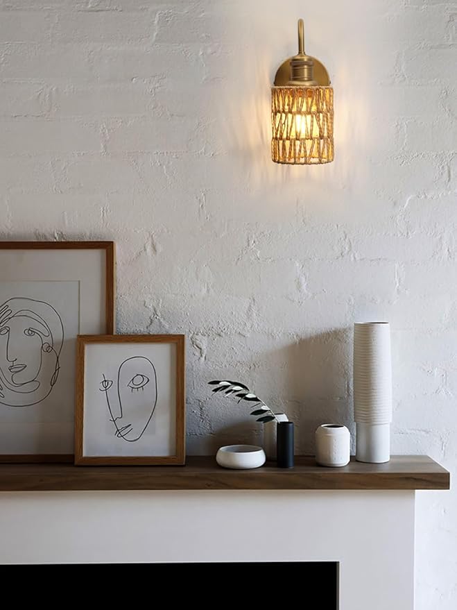 Vintage Gooseneck Sconces Wall Decor Set of 2 with Rattan Shade, Boho Wall Sconces Set of Two Hardwired Wall Lamp Fixture for Living Room Bedroom Bedside Hallway