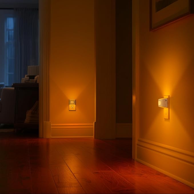 DORESshop LED Night Light[4 Pack], Night Lights Plug into Wall, Dimmable Plug in Night Light with Motion Sensor, Dusk to Dawn Sensor, Nightlights for Adults, Bedroom, Bathroom, Amber, White Cover