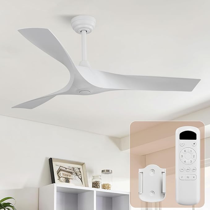 CACI Mall Ceiling Fan No Light, 52 inch Low Profile Flush Mount Modern Ceiling Fan with Remote Control and Reversible DC Motor, for Bedroom Living Room Patio Indoor Outdoor, White