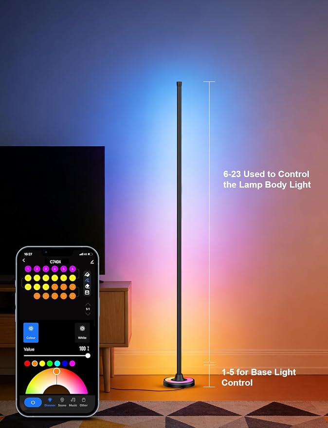 APPECK RGBW Corner Floor Lamp with Wi-Fi App Control, 60 Inch Smart Standing Lamps with 114 Scenes, DIY Mode, Music Sync, Modern Standing Lamps for Bedroom, Living Room