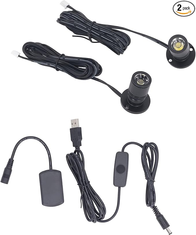 5V Dimmable LED Mini Spot Light with 6.6ft Cable, Jewelry/Indoor Picture/Art/Model Display Lights, USB Powered Spotlight for Jewelry Cabinets, Entryways, Tables Shelves (Positive White 6000K, 2 Pack)