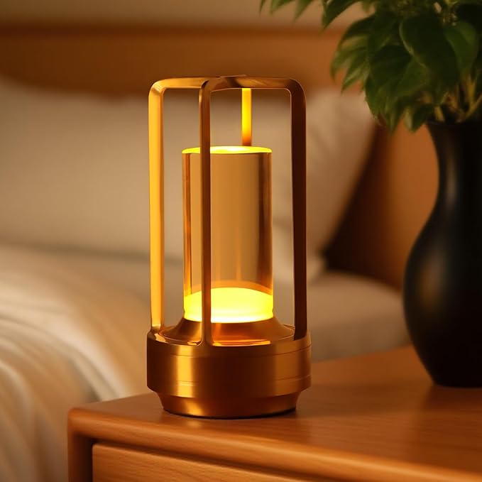 Portable Touch Control Table Lamp with 5000mAh Battery, 3-Color Stepless Dimming Cordless LED Light for Bedroom/Camping/Restaurant/Bar Indoor & Outdoor (1-Pack Gold)