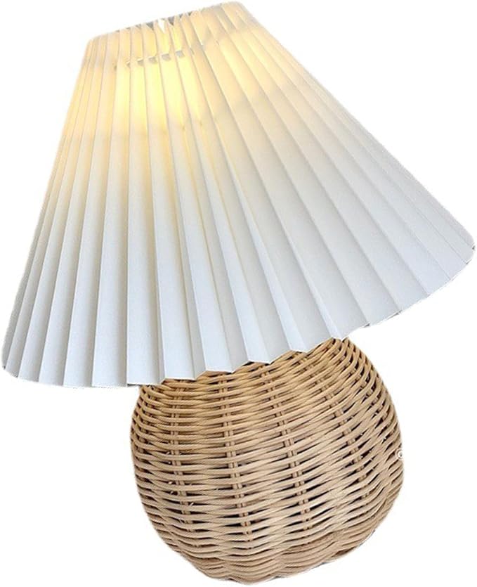 Table Lamps for Living Room, Retro Lamp Small Pleated Table Lamp Rattan Metal Base Modern Bedside Nightstand Lamp with Beige Lampshade