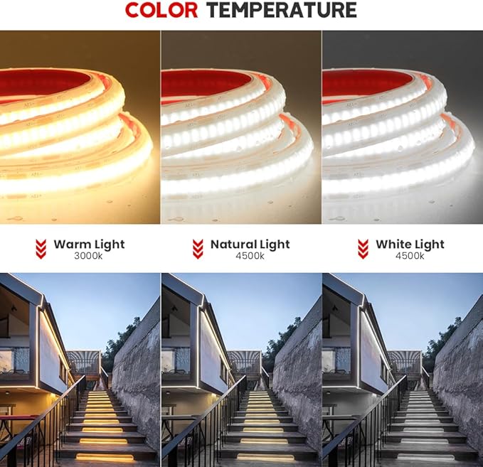 12V COB LED Strip Lights 320 LEDs/M IP68 Waterproof Super Bright DC Flexible LED Tape Lights with Power Adapter for for DIY Bedroom Kitchen Home Decor