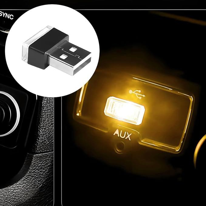 4PCS/Set USB LED Car Interior Atmosphere Lamp, Portable Mini Vehicle LED Night Light, Plug-in USB Interface Automotive Interior Ambient Lighting Kit Accessories, Universal Fit (Yellow)
