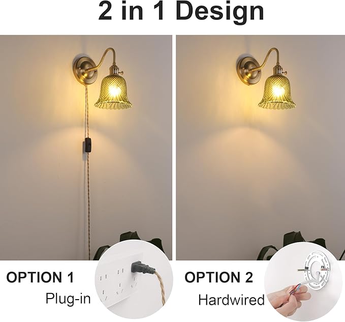 Plug in Wall Sconce Set of 2, Gold Vintage Wall Decor Lights with Green Diamond Flower Glass Shade, Indoor Brass Corded Wall Lamp Fixture for Bedroom Living Room Bathroom Hallway