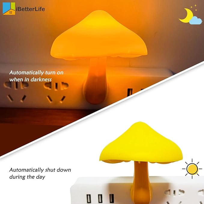 Sensor LED Mushroom Night Lights - 2Pack Plug into Wall Mushroom Lamp, Cute Mini Dream Bed Nightlight for Kids Adults for Home Office, Bedroom, Bathroom Toilet, Stairs, Hallway Corridor, Warm Yellow