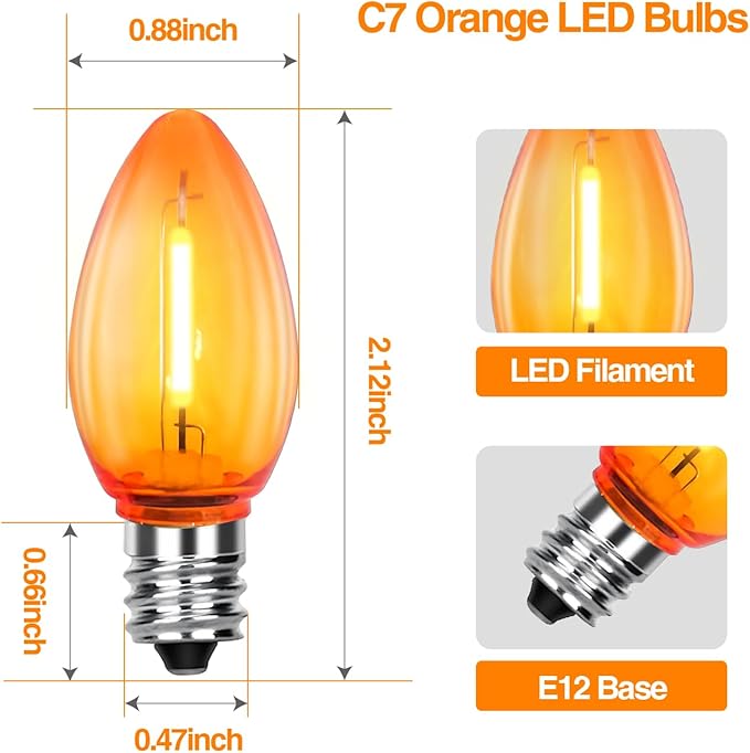 C7 Replacement Bulbs, 10 Pack Halloween Orange LED Bulbs, 0.6W E12 Candelabra Base for Outdoor String Lights, Christmas Party, Patio Decor