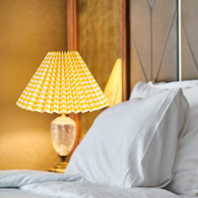 NUOBESTY Vintage Pleated Drum Lamp Shade Cover for Bedroom Table and Floor Lamps Yellow Gingham Cloth Fabric Easy Installation Replacement Lampshade for Home Hotel Study Socket Compatible