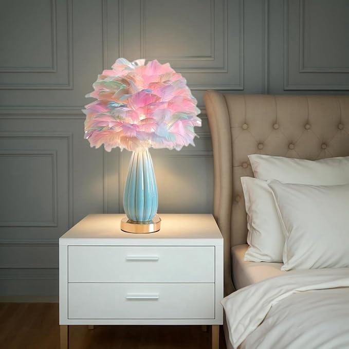 Colorful Feather Lamp Modern Feather Table Lamp Romantic Rainbow Bedside Lamp Nordic Fluffy Princess Nightstand Light for Girl Bedroom Living Room Entry Office Wedding Atmosphere