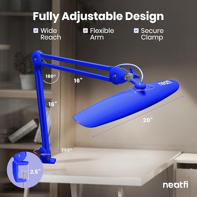 Neatfi XL LED Desk Lamp with Clamp, 2200 Lumens, 24W, 20-Inch Wide Head, Dimmable 4 Brightness Levels, Task Light for Home Office, Crafts, Workbench (Non-CCT, Sapphire Blue)