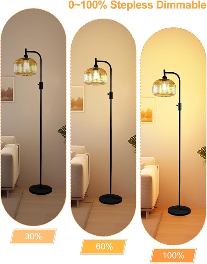 Lightdot 64IN Glass Floor Lamp for Living Room, Dimmable Modern Standing Lamps with Brown Ribbed Glass Shade, Industrial Floor Lamp with Bulb Included for Bedroom/Sofa Beside/Corner Decor-Black