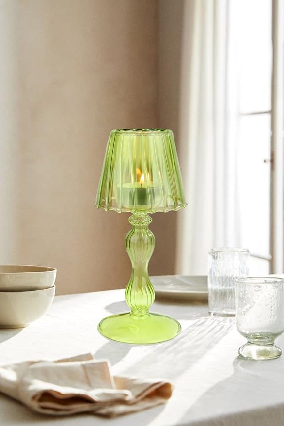 Desk Lamp Shaped Glass Candle Holder - Glass Hurricane Candleholder Crystal Decorative Candle Stand for Table Wedding Dinning Centerpieces Party Supplies Decor Grass Green