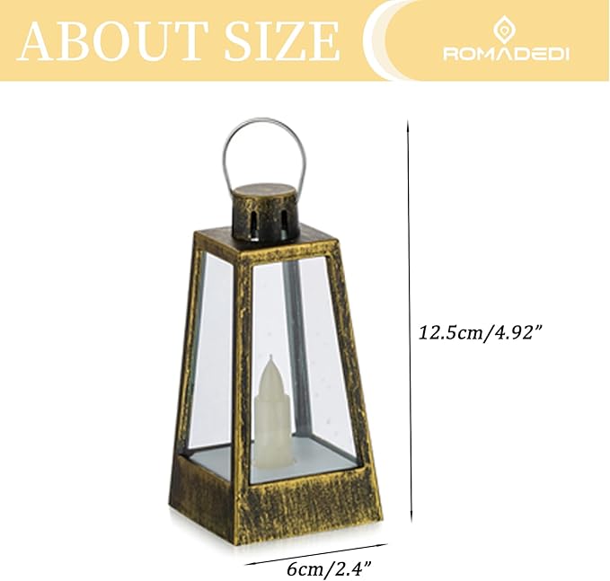 Romadedi Mini Decorative Lantern for Centerpieces - 10 Pcs Small Gold Candle Lanterns with Flickering LED Candles for Wedding Table Decor Christmas Party Halloween, Battery Included